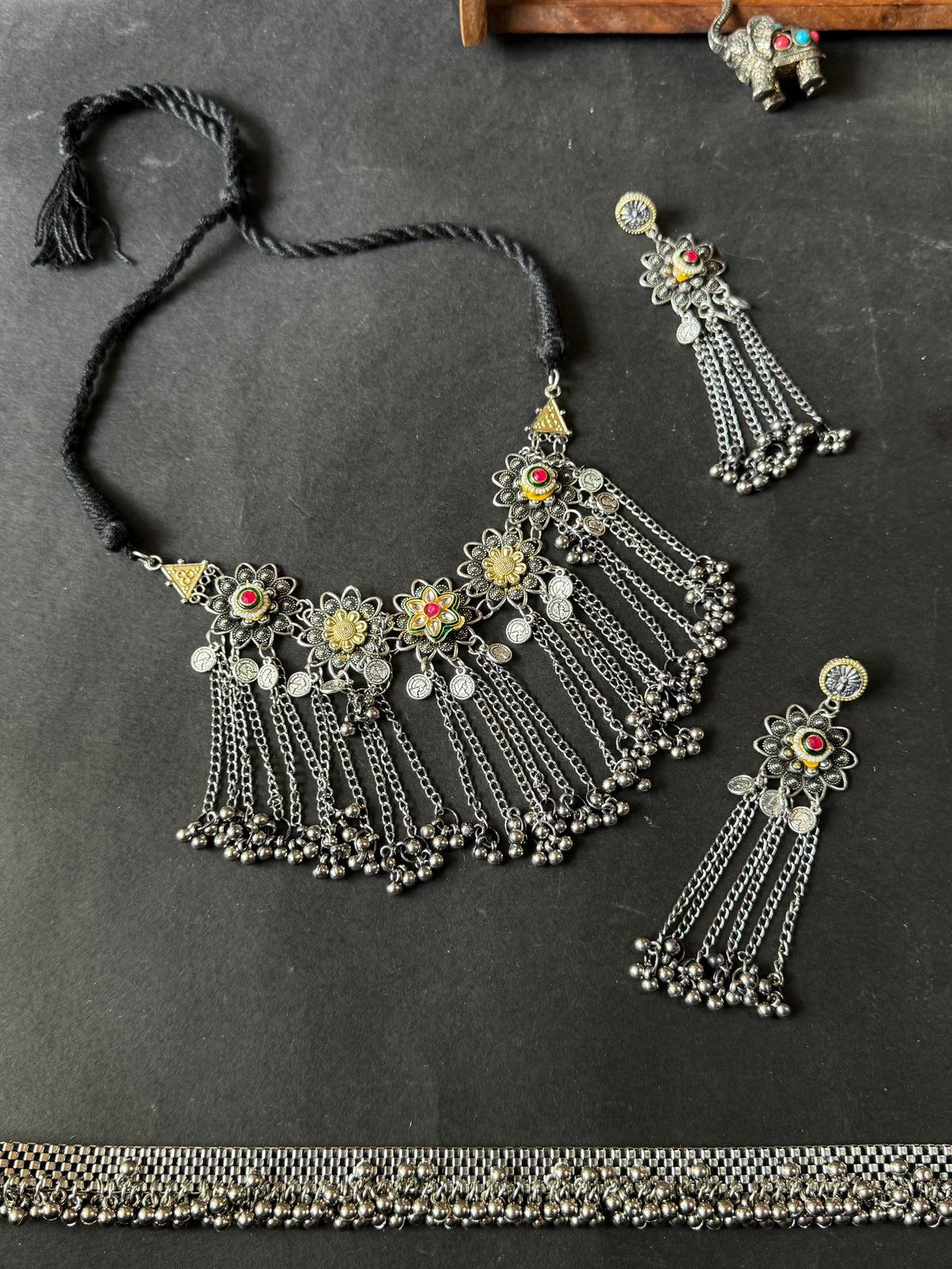 10 - Oxidised Floral Coin Choker Set
