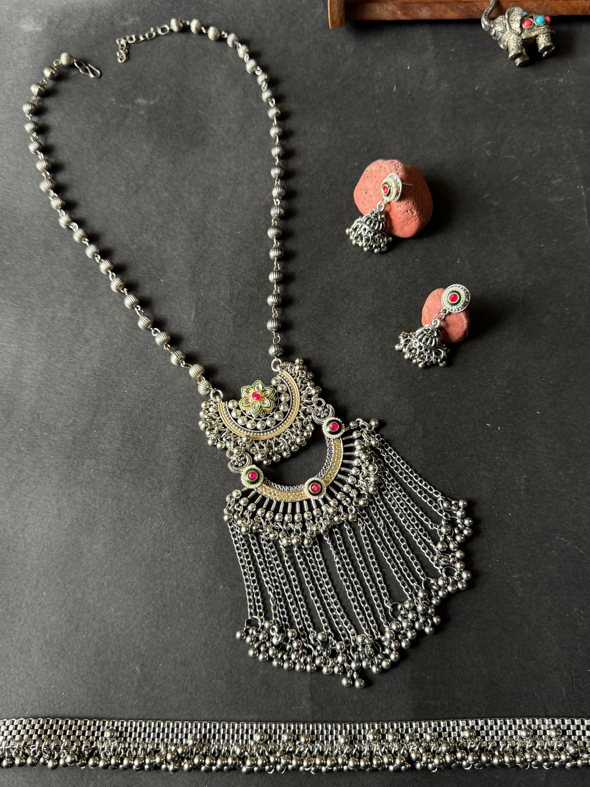 16 - Heera Oxidised Long Fringe Necklace Set